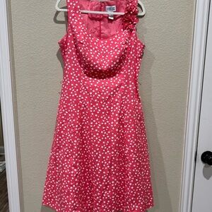Robbie Bee Pink White Polka Dot Fit & Flare Dress Size 12 Pockets Floral